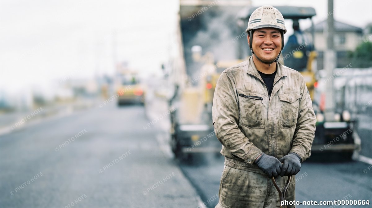 道路工事現場で働く笑顔の男性作業員