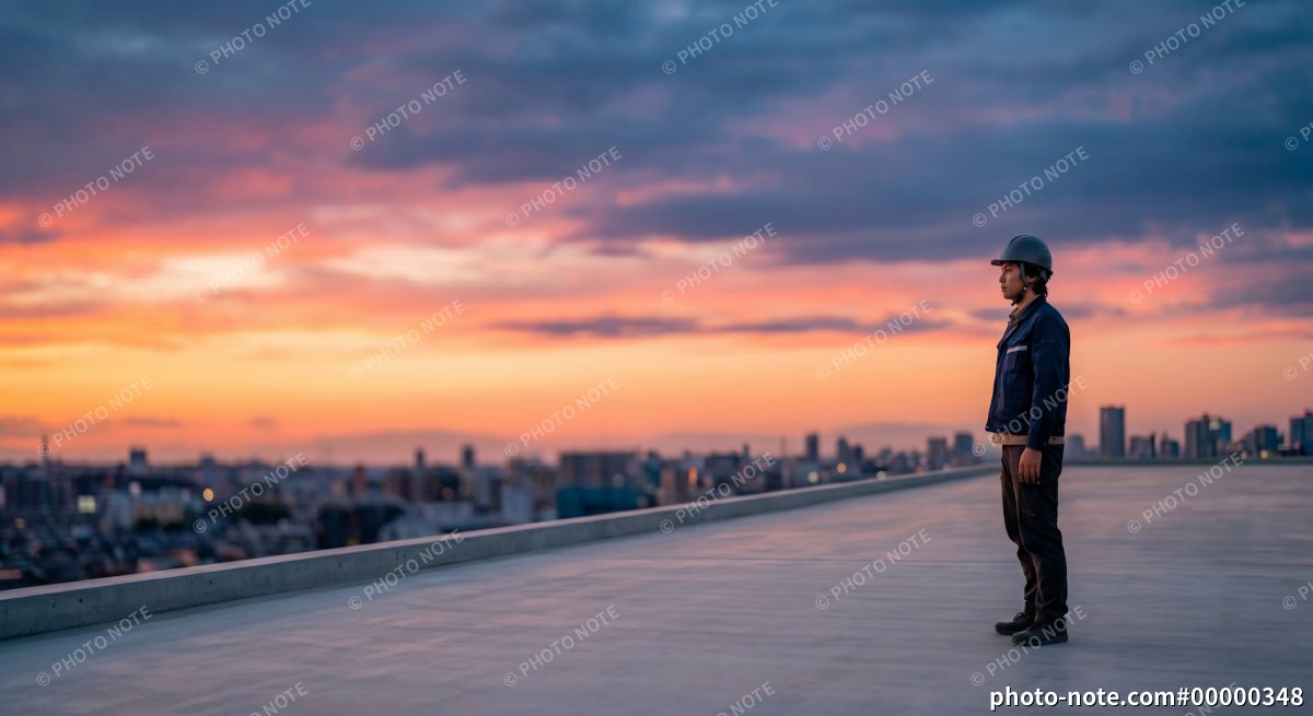 屋上で夕暮れも街を眺める男性作業員