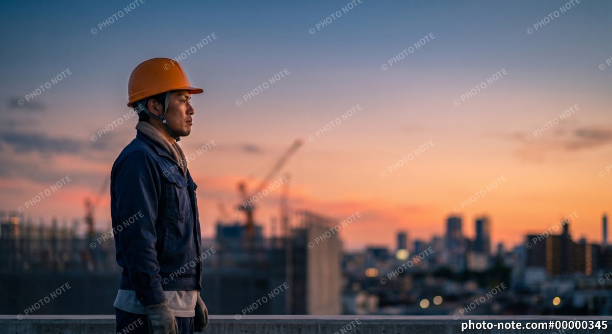 夕暮れに遠くを見つめる建設作業員の男性