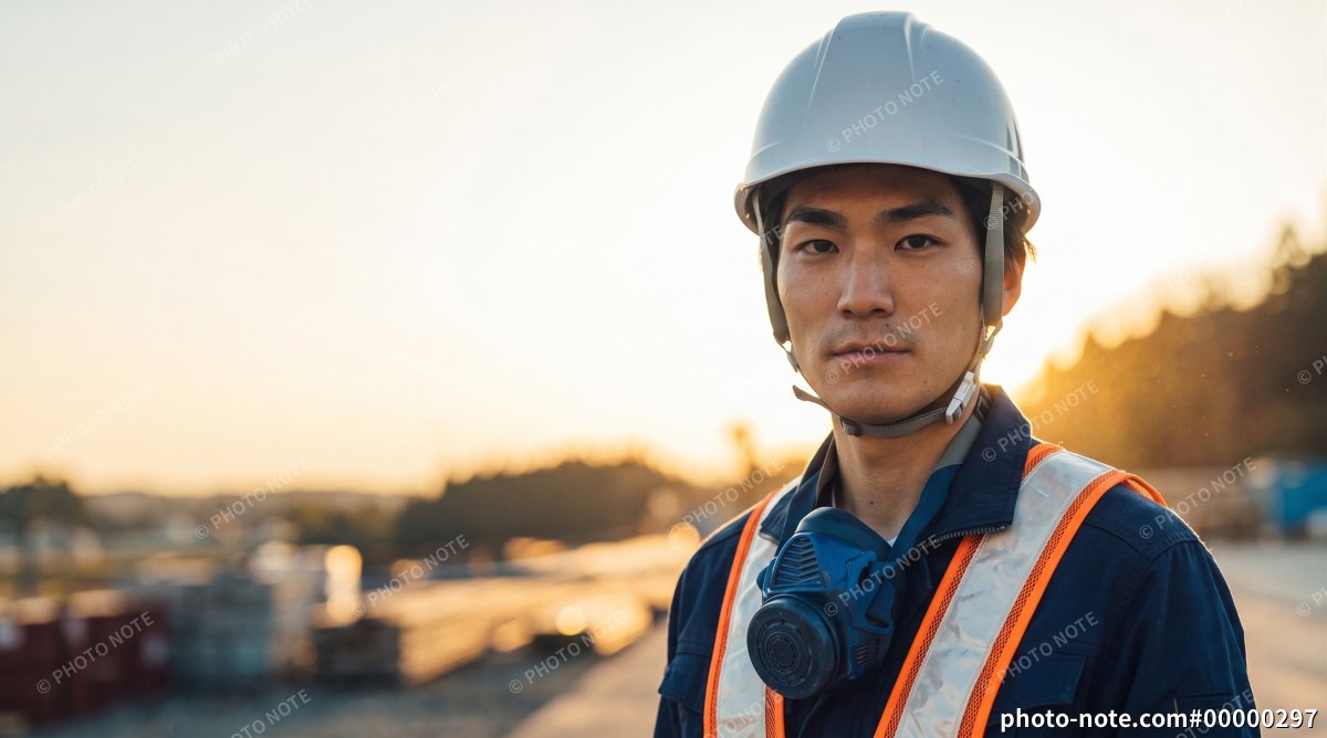夕景の工事現場で働く男性作業員