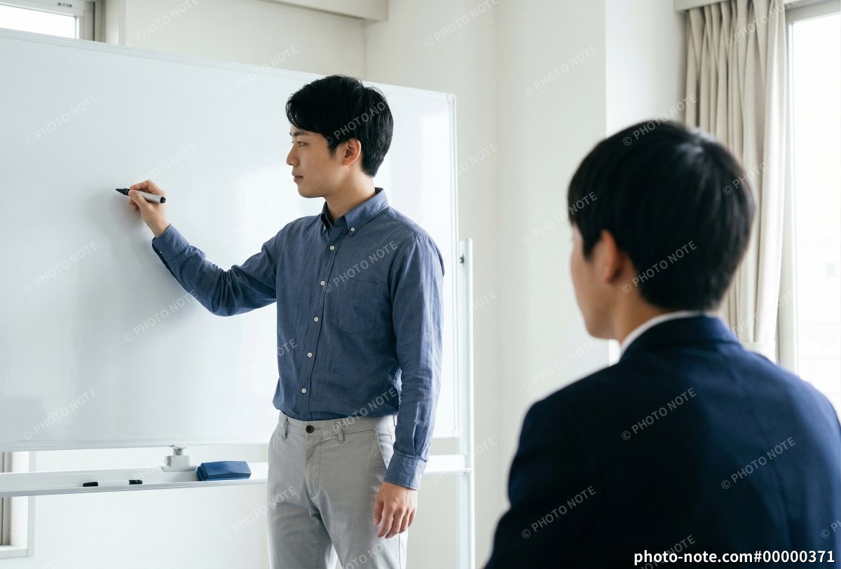 塾で生徒に教える若い男性講師