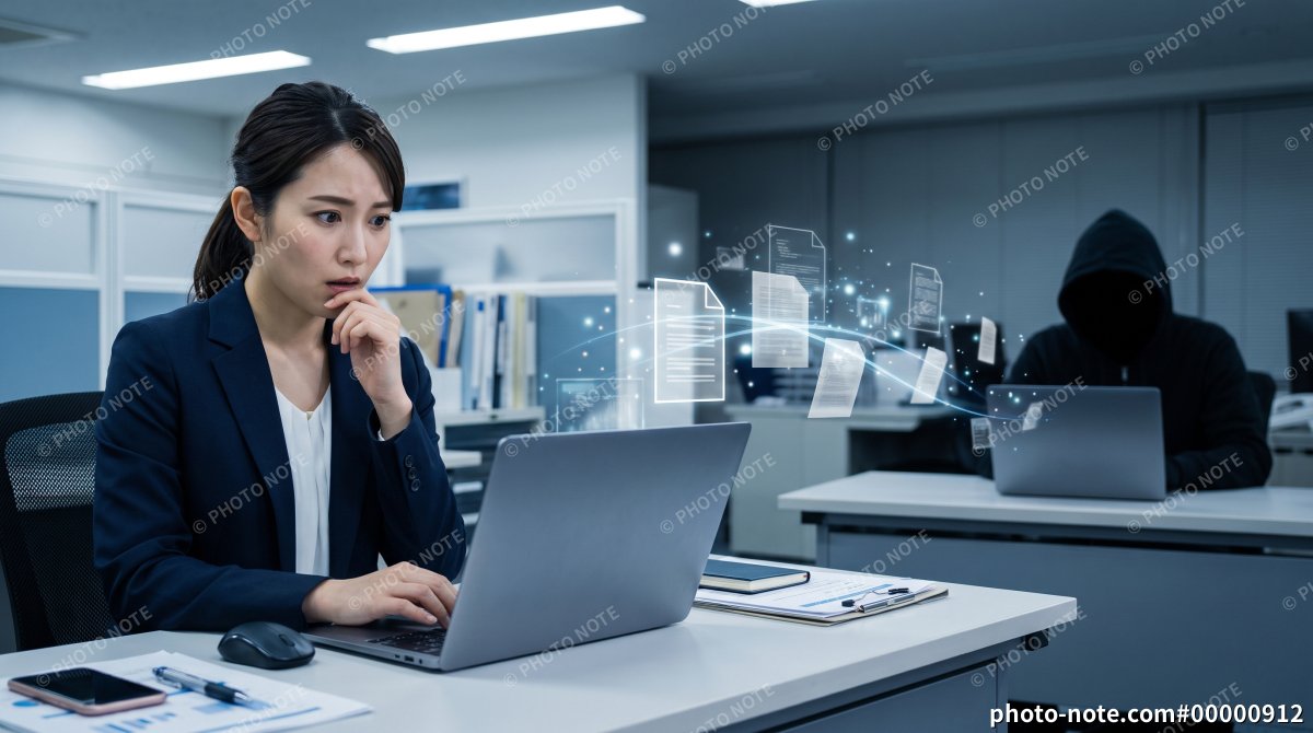 オフィスでノートパソコンを操作し情報漏洩に不安を抱く女性会社員