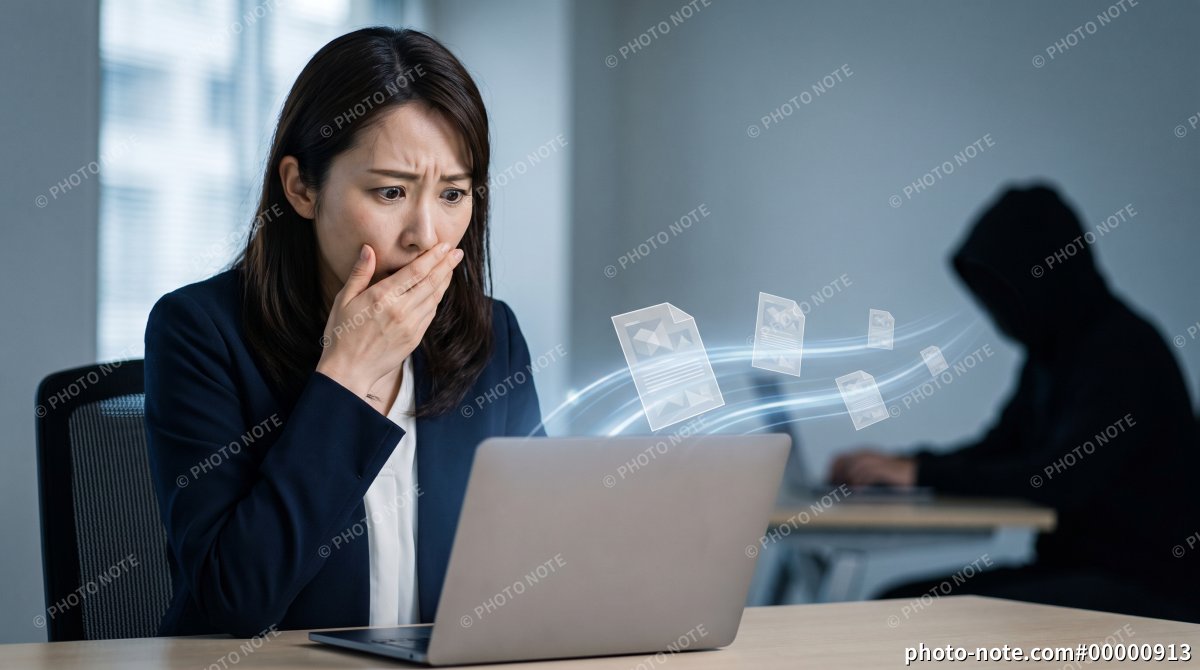 オフィスでノートパソコンから情報漏洩の被害に遭う女性社員