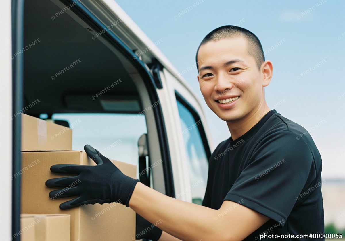 軽バンに荷物を積み込む配送ドライバーの男性