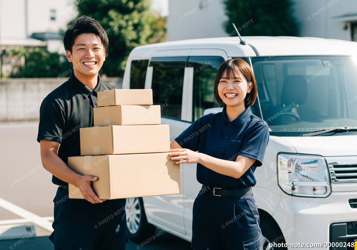 荷物を持つ軽貨物配送ドライバーの男女