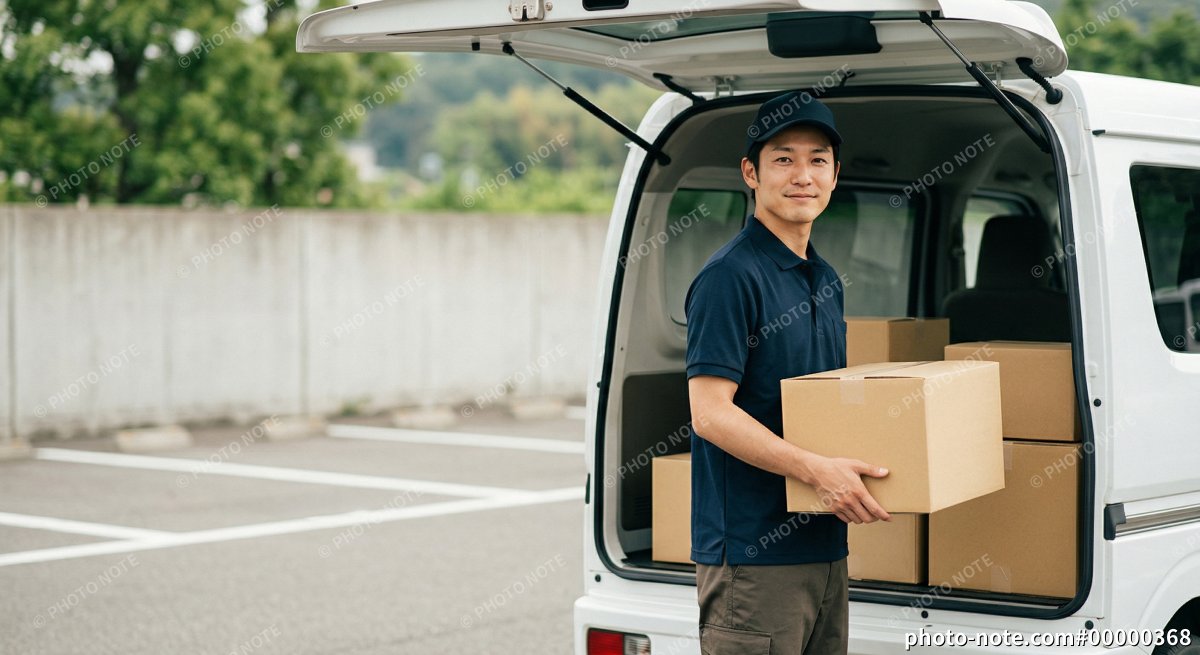 軽バンで荷物を配達する男性ドライバー