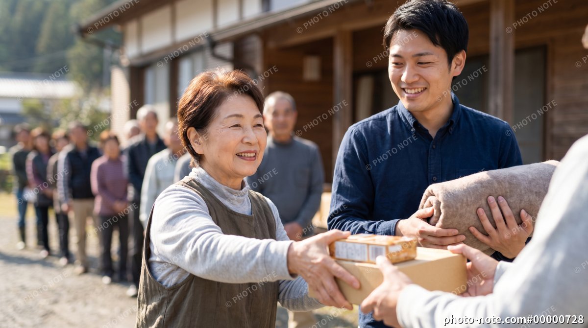 避難所で食料や毛布などの救援物資を受け取る被災者