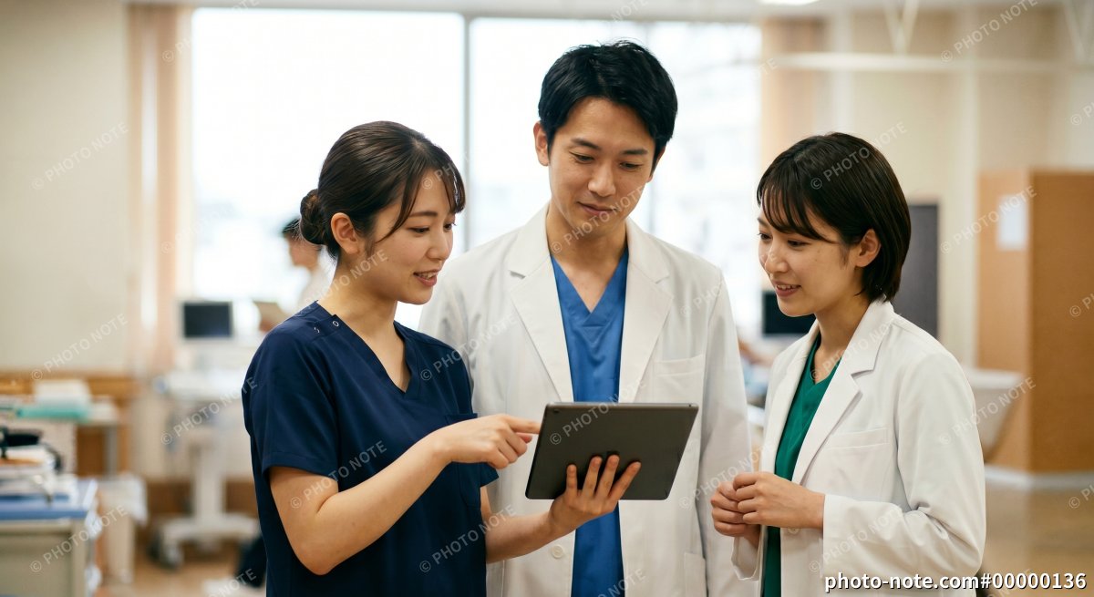 タブレットを見て打合せをする医師と看護師