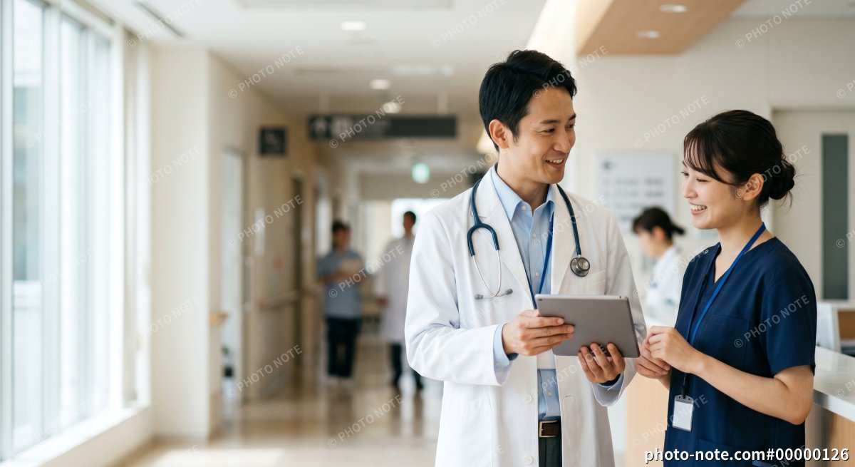 タブレットで打ち合わせをする医師と看護師、医療現場のDX