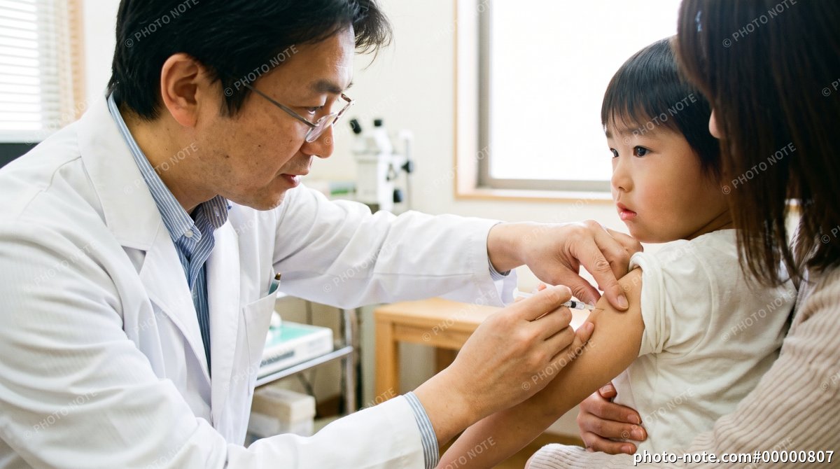 子どもに予防接種をする医師