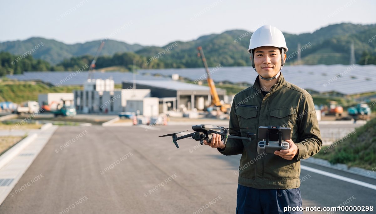 太陽光発電所の前でドローンとコントローラーを持つ作業服姿の男性