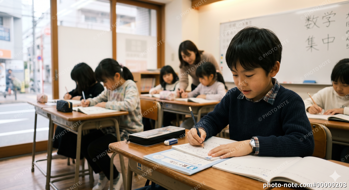 塾で勉強する小学生