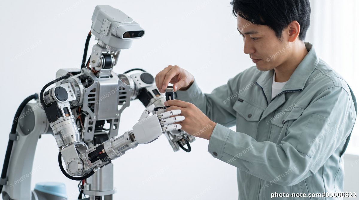 ヒューマノイドロボットの手を調整する男性エンジニア フィジカルAI