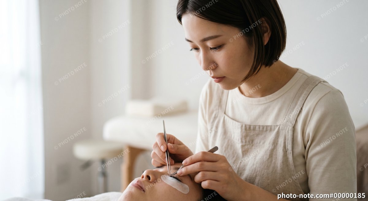 アイラッシュサロンで施術に集中する女性アイリスト