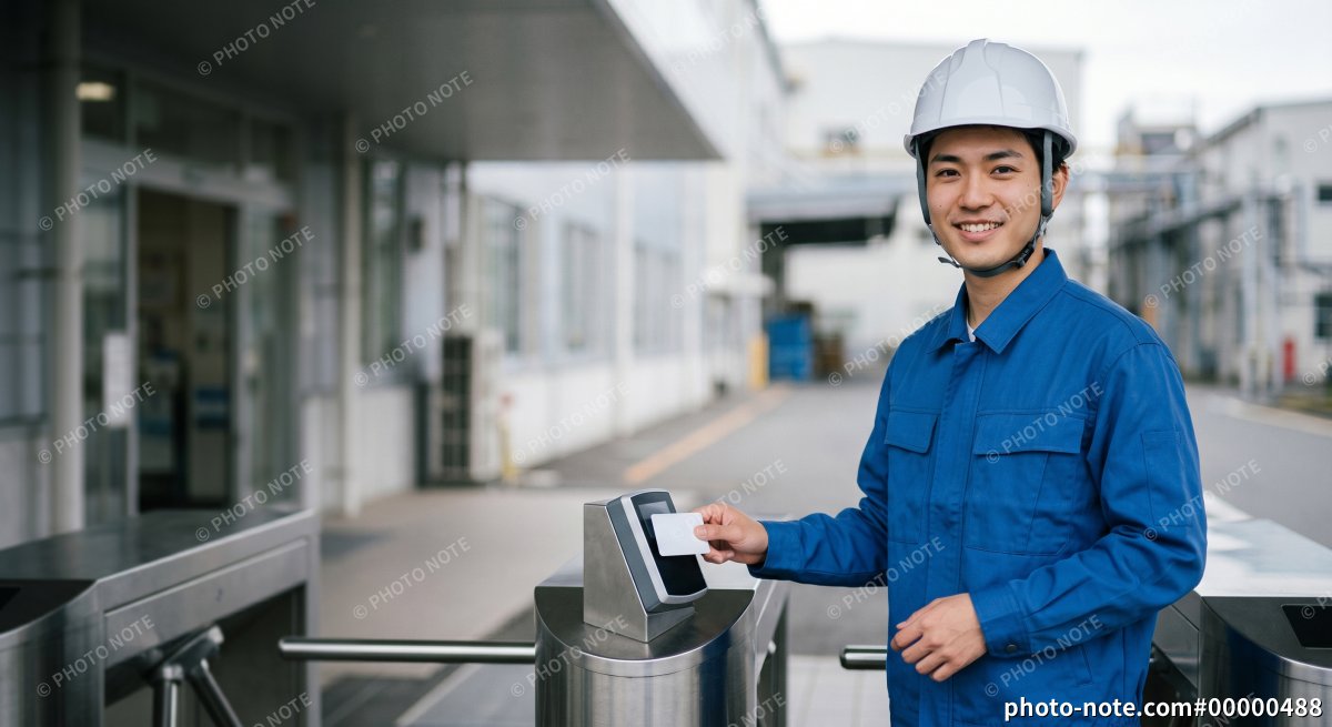 工場の入退場ゲートでICカードをかざす作業員