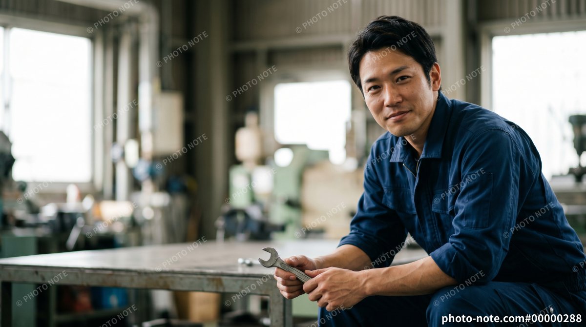 製造業の採用イメージに最適な町工場で働く青い作業服姿の男性のポートレート
