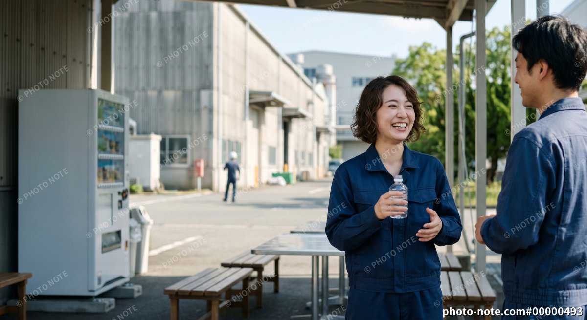工場の休憩スペースで会話する作業員