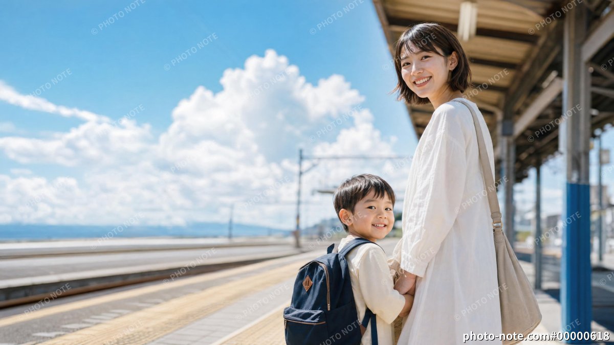 夏休みに電車でお出かけをする親子
