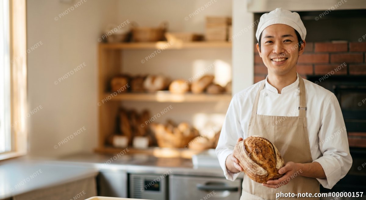 焼きたてパンの入ったカゴを持つパン職人の男性