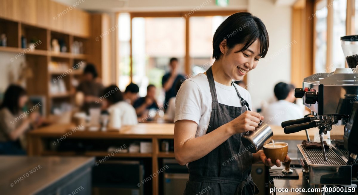 ラテアートをするバリスタの女性