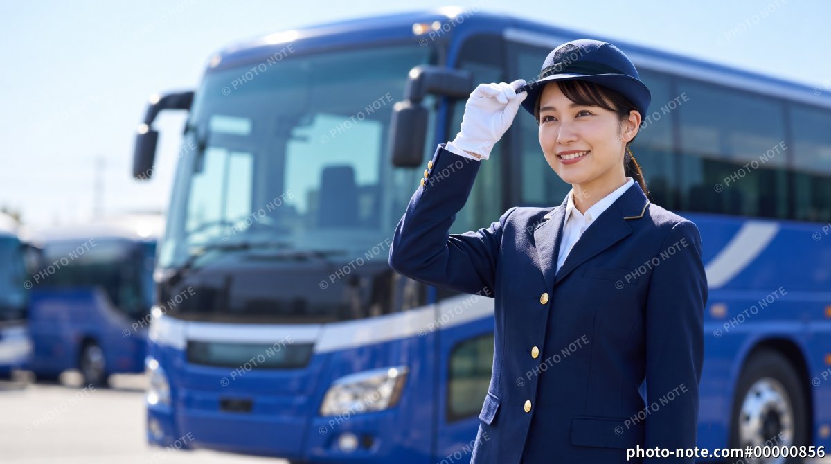 バス車両の前で帽子に手を添える笑顔の女性バス運転手