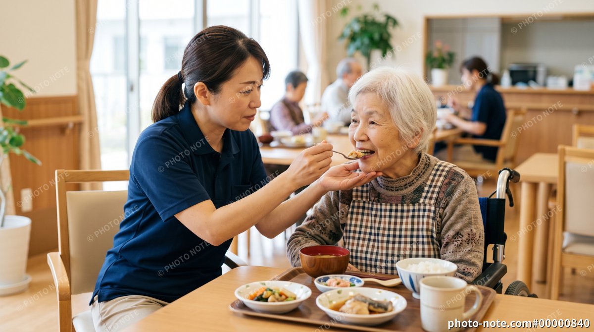 介護施設で高齢女性の食事を介助する女性介護士