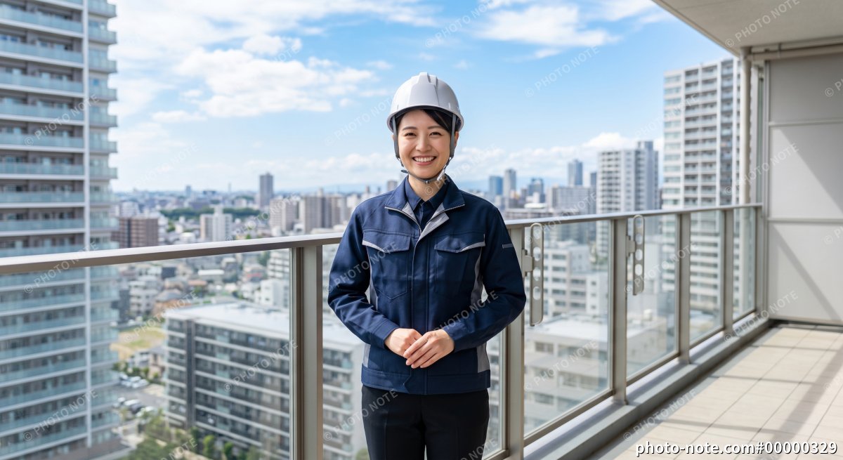 マンションのベランダに笑顔で立つ施工管理、現場監督の女性