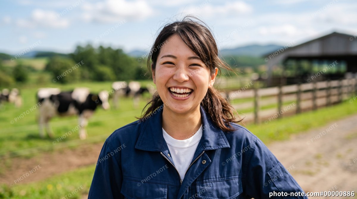 牧場で作業着を着て乳牛を背景に立つ酪農スタッフの若い女性