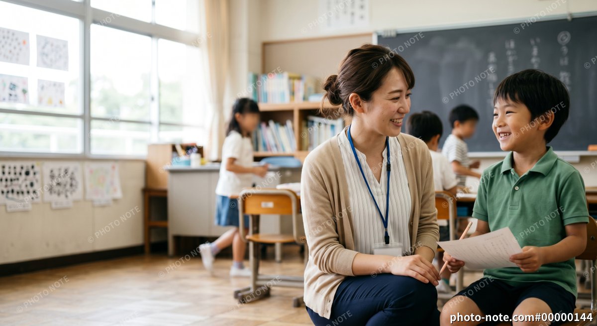 教室に立つ小学校教員の女性