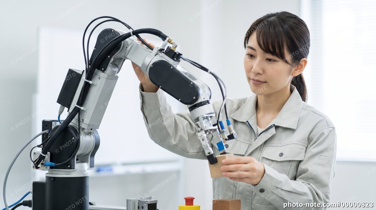 産業用ロボットアームを操作する女性エンジニア フィジカルAI