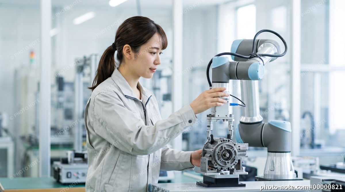 協働ロボットでフィジカルAIを扱う女性エンジニア
