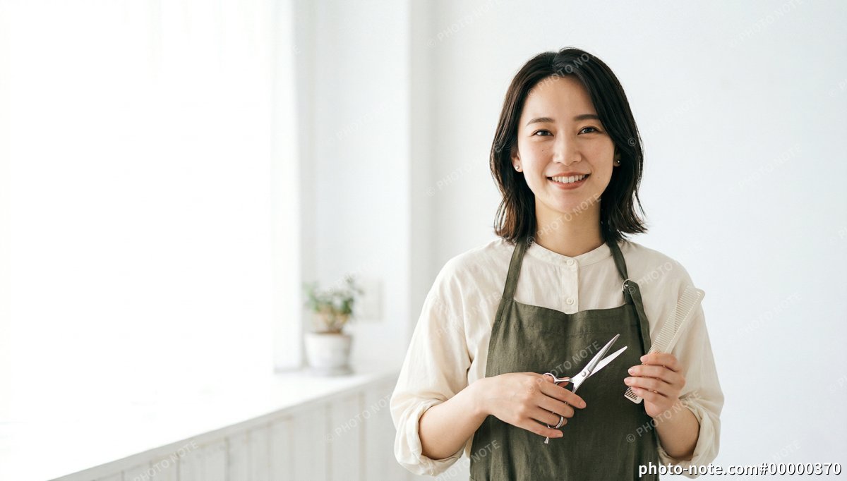 ハサミを持ち笑顔の女性美容師やスタイリスト
