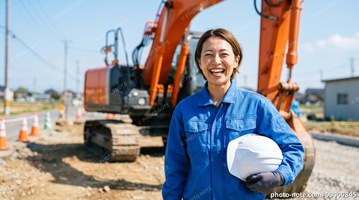 笑顔の女性重機オペレーターと油圧ショベルの建設現場