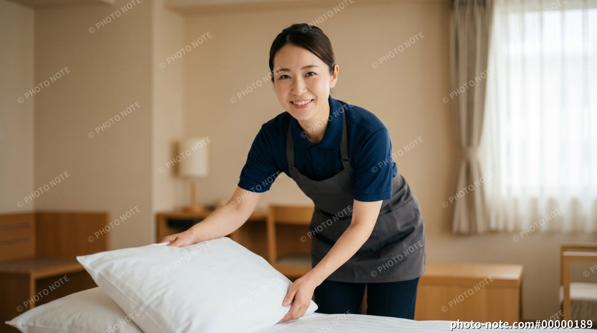 ベットメイクをするホテル清掃の女性スタッフ