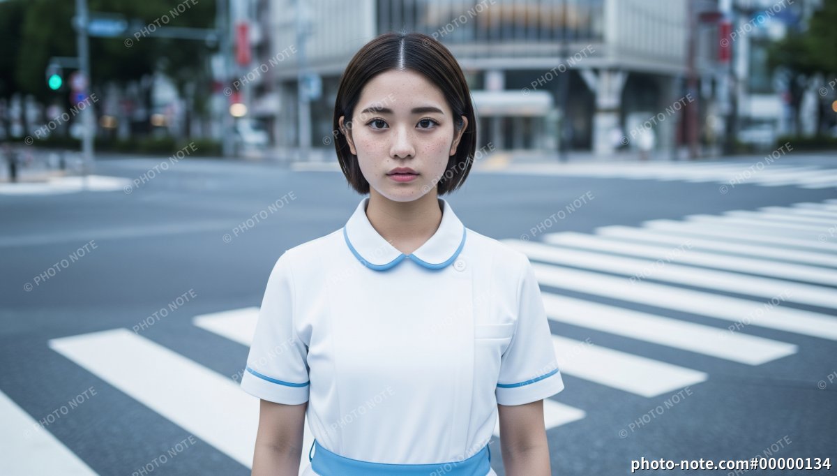 交差点に立つ真剣な表情の女性医療スタッフ