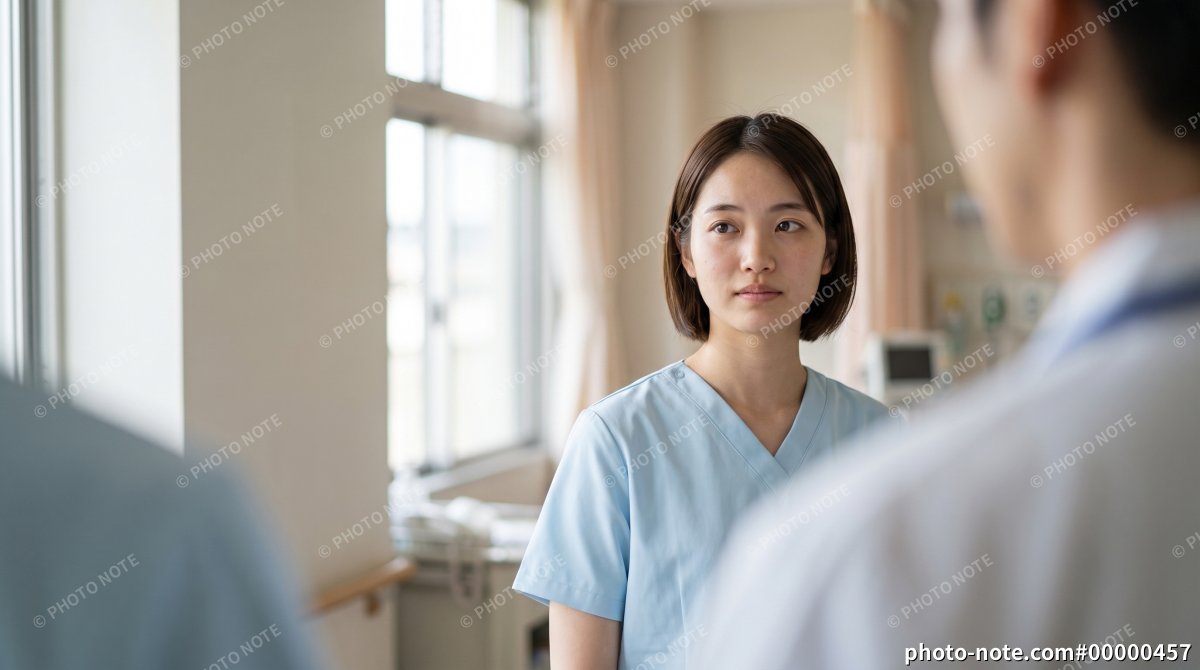 真剣な表情で話を聞く女性看護師