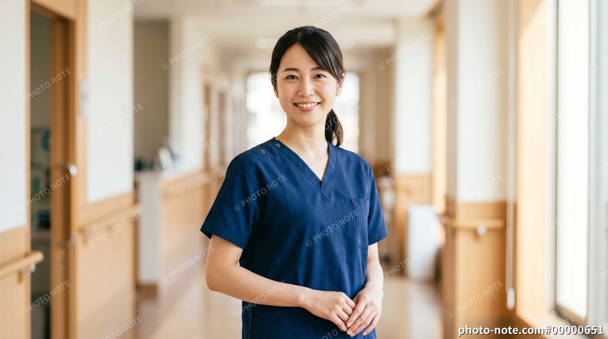 病院の廊下で笑顔を見せるスクラブ姿の女性看護師・介護士
