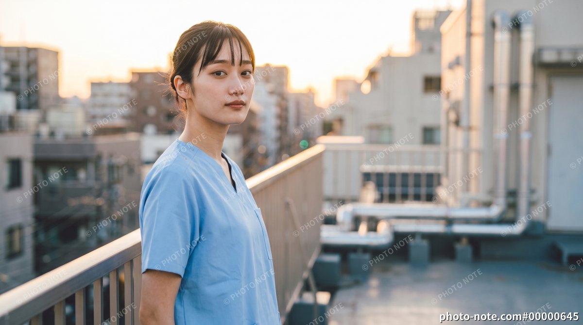 夕暮れの病院屋上で佇むスクラブ姿の女性看護師のポートレート