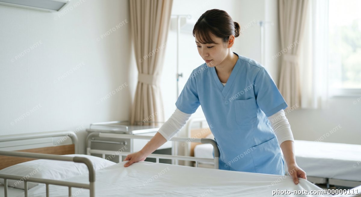 病室のベットメイクをする看護助手の女性
