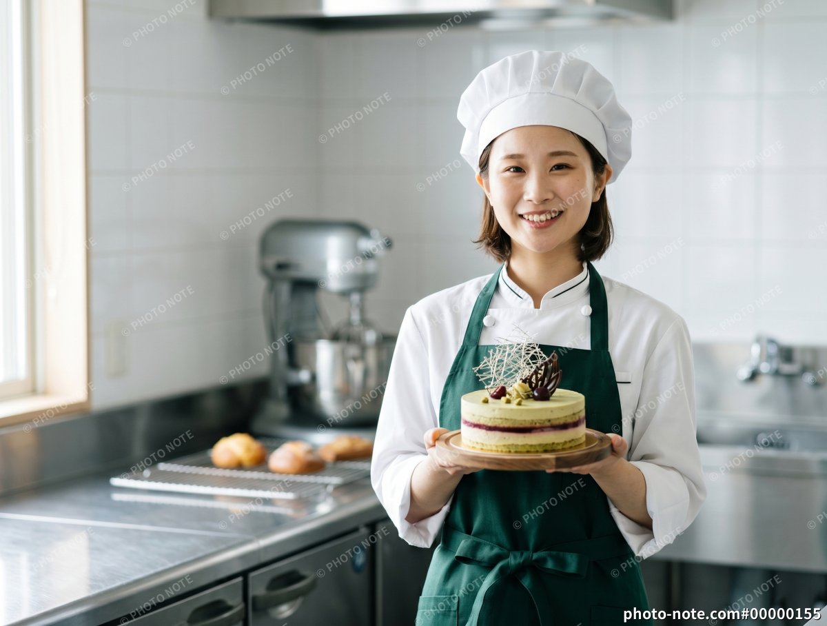 ケーキを持つパティシエの女性