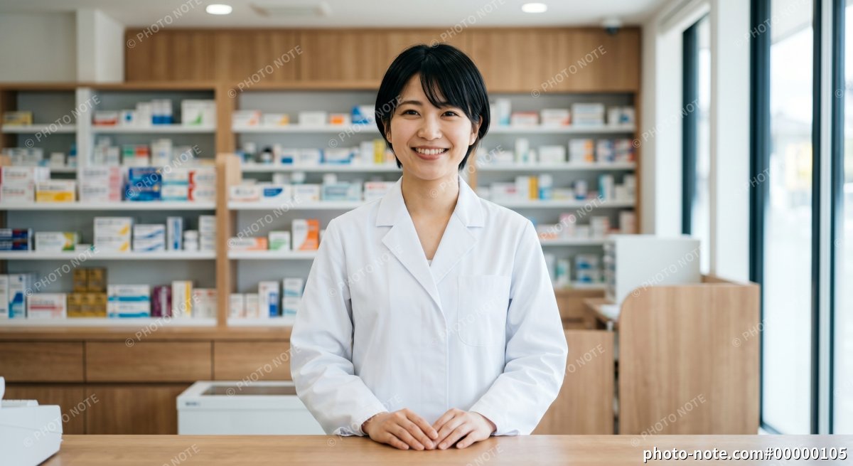 調剤薬局のカウンターに立つ薬剤師の女性