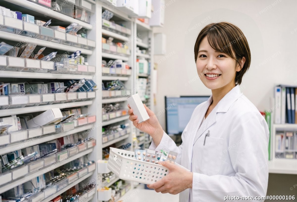 薬をピッキングする調剤薬局事務の女性