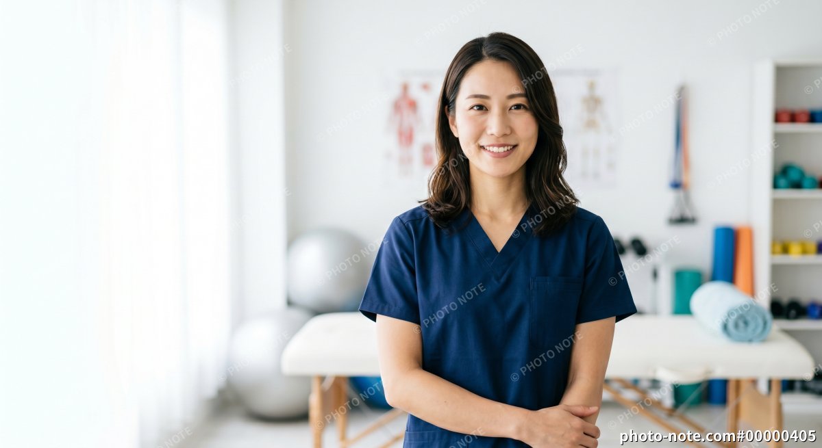診察ベッドの前に立つ理学療法士の女性