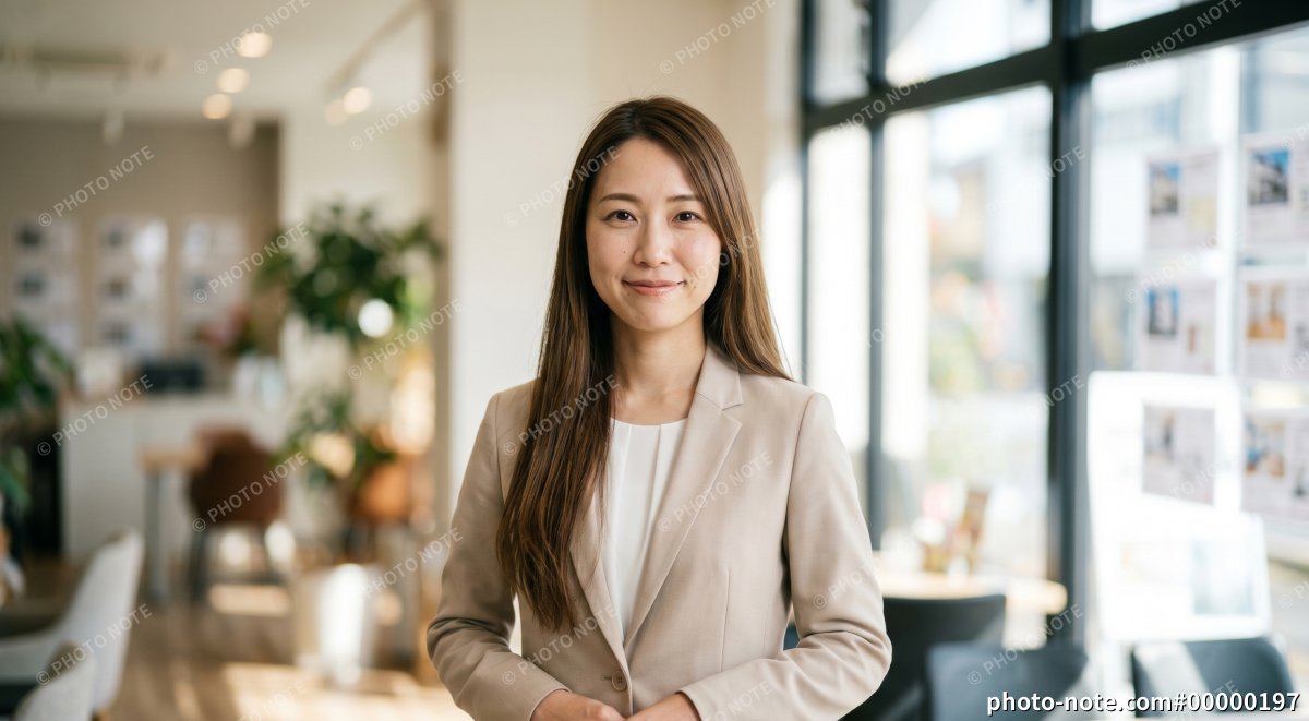 不動産会社の店舗で笑顔で接客をするスーツ姿の若い女性スタッフ