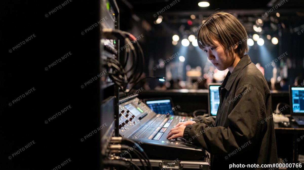 ライブ会場で音響ミキサーを操作する日本人女性のPAエンジニア