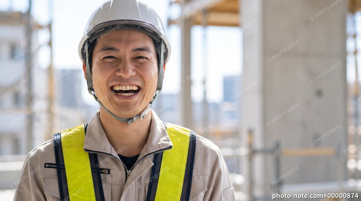 建設現場でヘルメットと反射ベストを着用し笑顔を見せる若い男性作業員