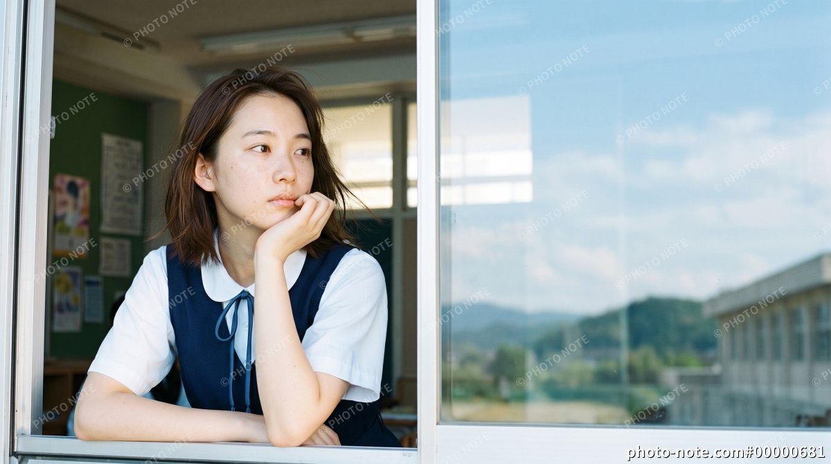 将来や進路について考え事をする窓辺の女子学生