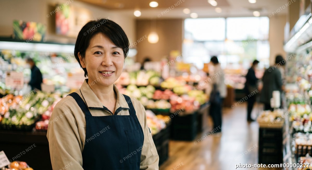 スーパーの売り場に立つ女性店員