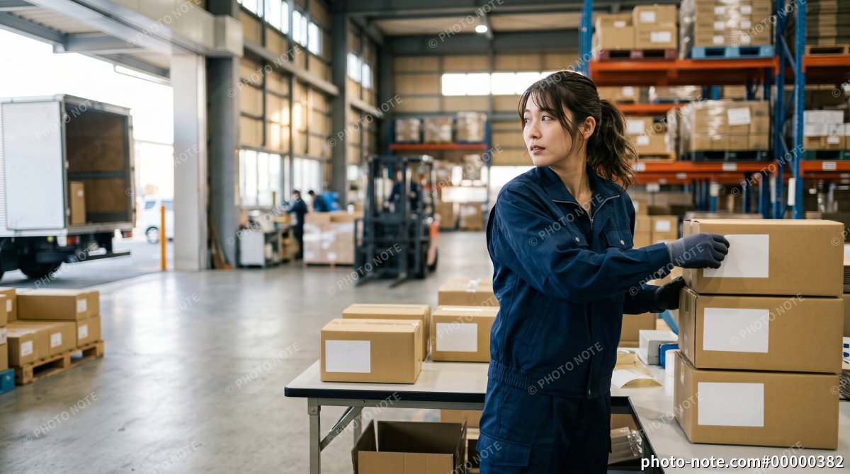 倉庫で荷札を貼る女性作業員