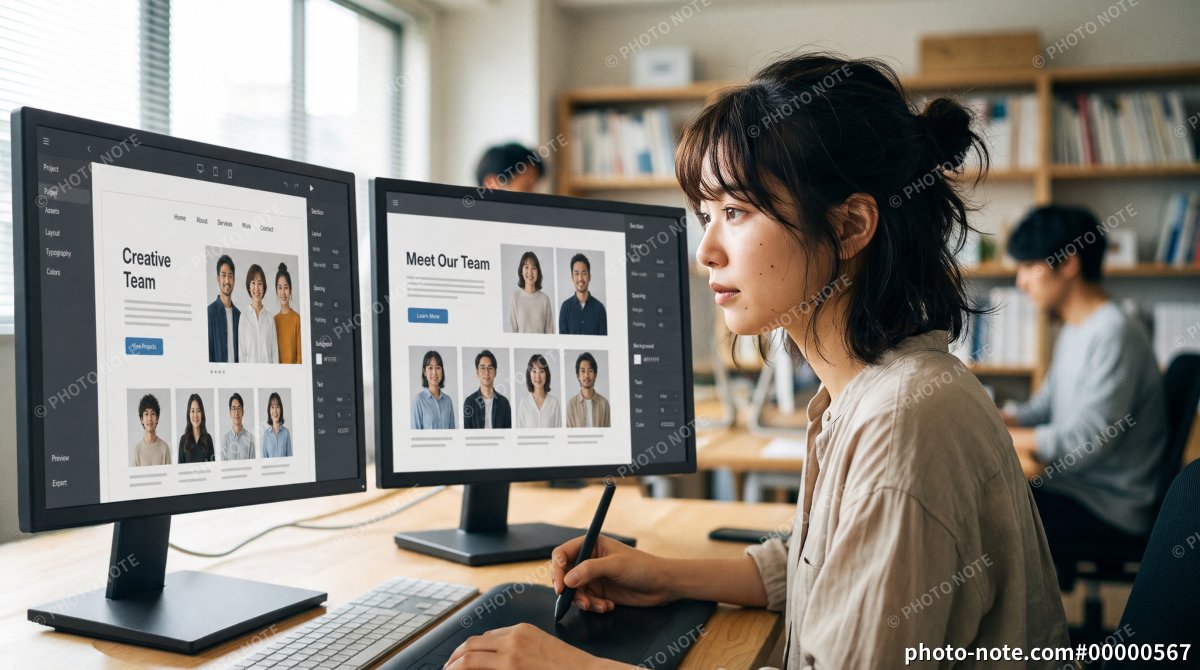 オフィスでホームページのUI制作をするWebデザイナーの女性
